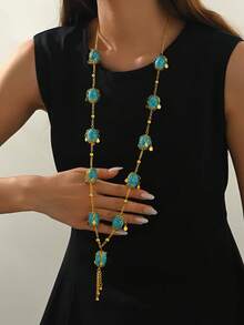 奢华仿绿松石串珠项链，中东风格吊坠项链，百搭颈链，女士饰品 - 均碼 - 查看 8