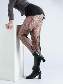 1pc Women's Fishnet Tights With Embroidered Rose Pattern, Versatile Black Y2k Stockings High Stretch Floral Pattern Mesh Pantyhose With Elastic Waistband, Gothic Style Sheer Stockings For Party, Punk & Daily Streetwear, Soft Durable Fishnet Leggings To Match Shorts, Skirts & Boots, Fashion Statement Hosiery - 彩色 - 查看 3
