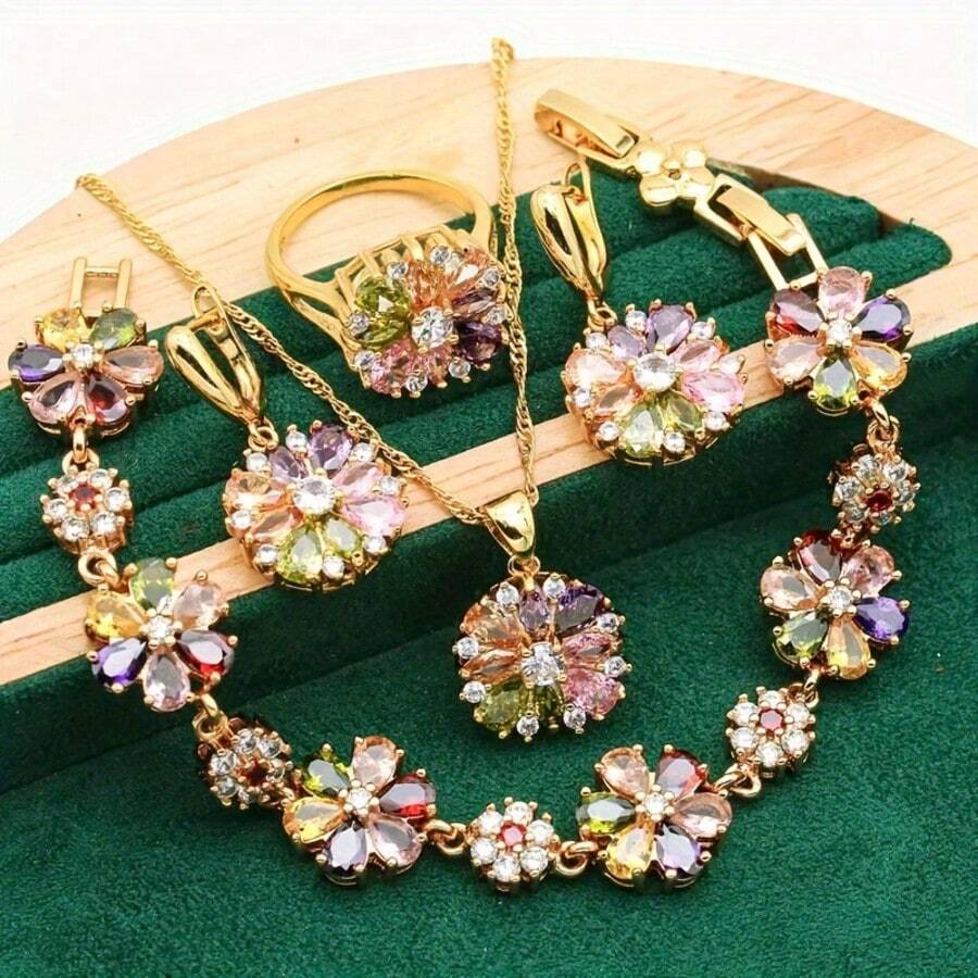5pcs Vintage Personalized Women's Wedding Jewelry Set - Bracelet, Earrings, Ring, Necklace, Pendant, Suitable For Daily Wear, Vacation, Gift - Colorful - View 1