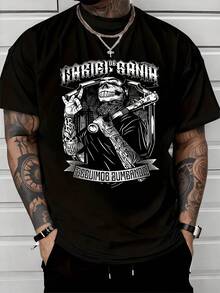 Calavera con actitud desafiante y guitarras cruzadas simboliza la fuerza interior la resistencia ante los desafíos y la pasión por la música urbana camisetas de hombre casual moderna cómoda para uso diario - Negro - Ver 8