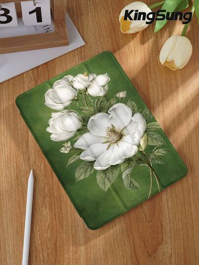 Kingsung Magnolia Flower Pattern Tablet Protective Case, Suitable For IPad 9.7/10.2/10.5/10.9/12.9/Pro 11, Galaxy Tab S6 Lite 10.4", Kindle Paperwhite 12th Gen 2024, Kindle (11th Generation) 2022, Kobo Clara Color, Provides Soft Shock-Proof Protection, Supports Smart Stand/Auto Wake/Sleep