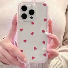 1pc Pink Framed Transparent Minimalist Lens Protection Anti-Fall Anti-Collision Full Screen Red Heart Pattern Phone Case, Personalized For IPhone 16 Pro Max, 17/16/15/14 Plus, 13/12/11, Air - Multicolor - View 4