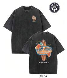 Surf Shop Floral And Surfboard Graphic Black Short Sleeve Tee,Fashion Street Pattern Short-Sleeve Pure Cotton Double-Sided Washed T-Shirt - a - 查看 1