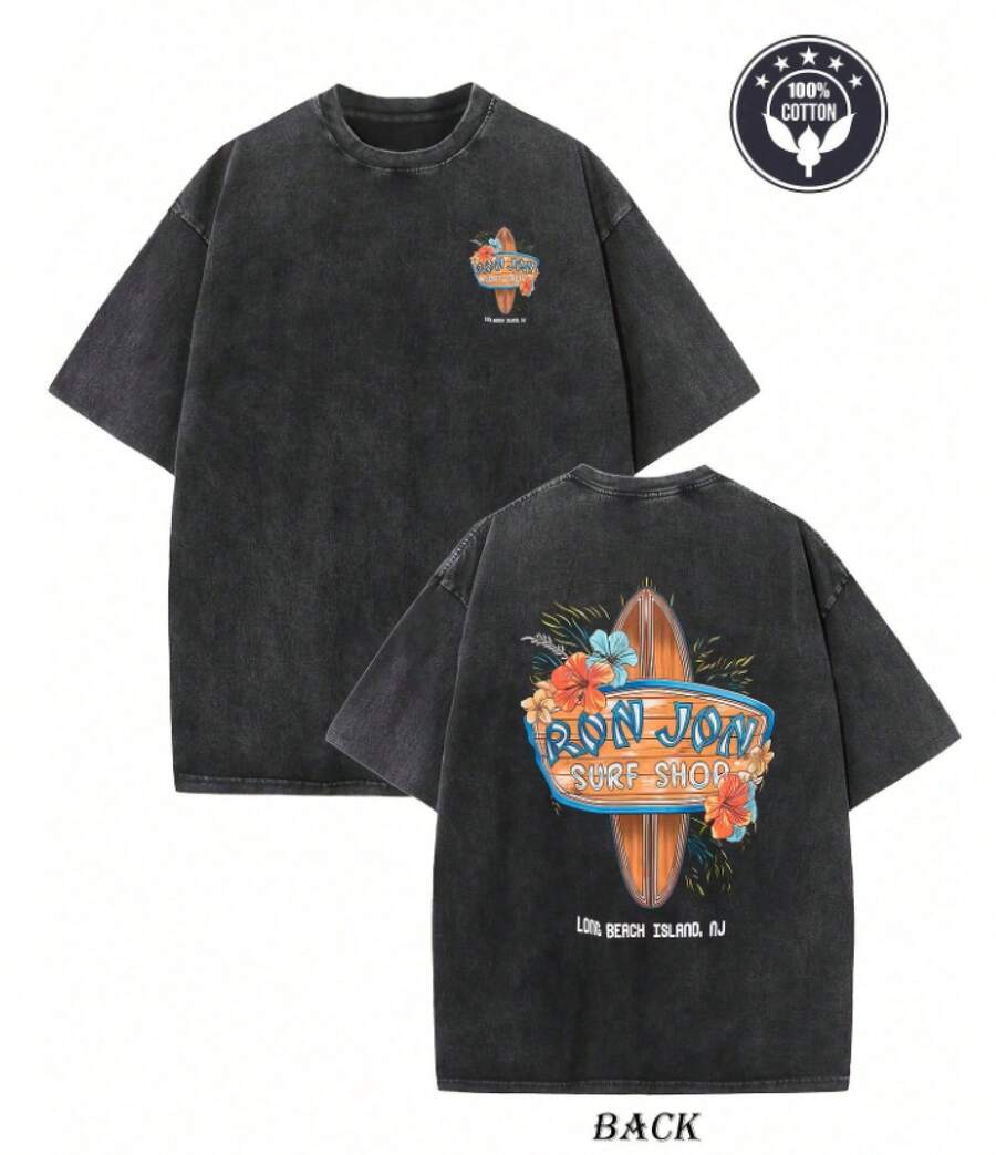 Surf Shop Floral And Surfboard Graphic Black Short Sleeve Tee,Fashion Street Pattern Short-Sleeve Pure Cotton Double-Sided Washed T-Shirt - a - 查看 1