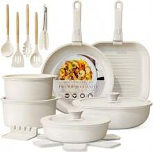 23 Piezas de Ollas y Sartenes Antiadherentes de Cerámica Bateria de Cocina con Mango Desmontable Carote para Caravana Fondo Revestido Antimanchas Que Apto para Inducción y Horno Fácil de Limpiar - Blanco Crema - Ver 8