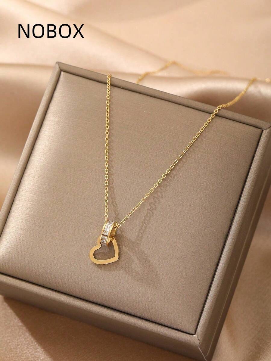 1件金色心形水钻镶嵌颈链，适合女性日常及节日佩戴 - 金黃色 - 查看 1