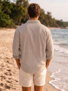 Men's Summer Shirt With A Lightweight, Finely Striped, Flowing Design That Requires No Ironing. - Beige - View 2