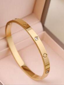 3pcs Stainless Steel Bracelet Set For Women, Stainless Steel Floral Rivet Bracelet, Suitable For Party, Daily Wear, European And American Style, Personalized, Generous, Luxury Cubic Zirconia Bangle, Wedding Jewelry Set, Gift For Girl, Lady, Relative, Friend, Beautiful Wedding, Birthday, Valentine's Day - Gold - View 11