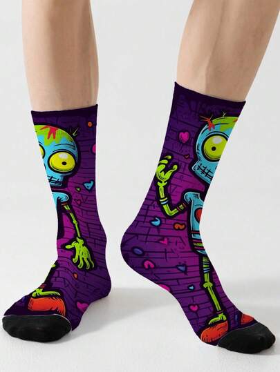 1 Pair Of 360 Printed Socks, And Cool Cartoon Zombie Mid-Calf Socks For Men And Women, Personalized Street Style Colorful Graffiti Socks, Niche Quirky Couple Socks, Cyberpunk Style Fashionable Socks