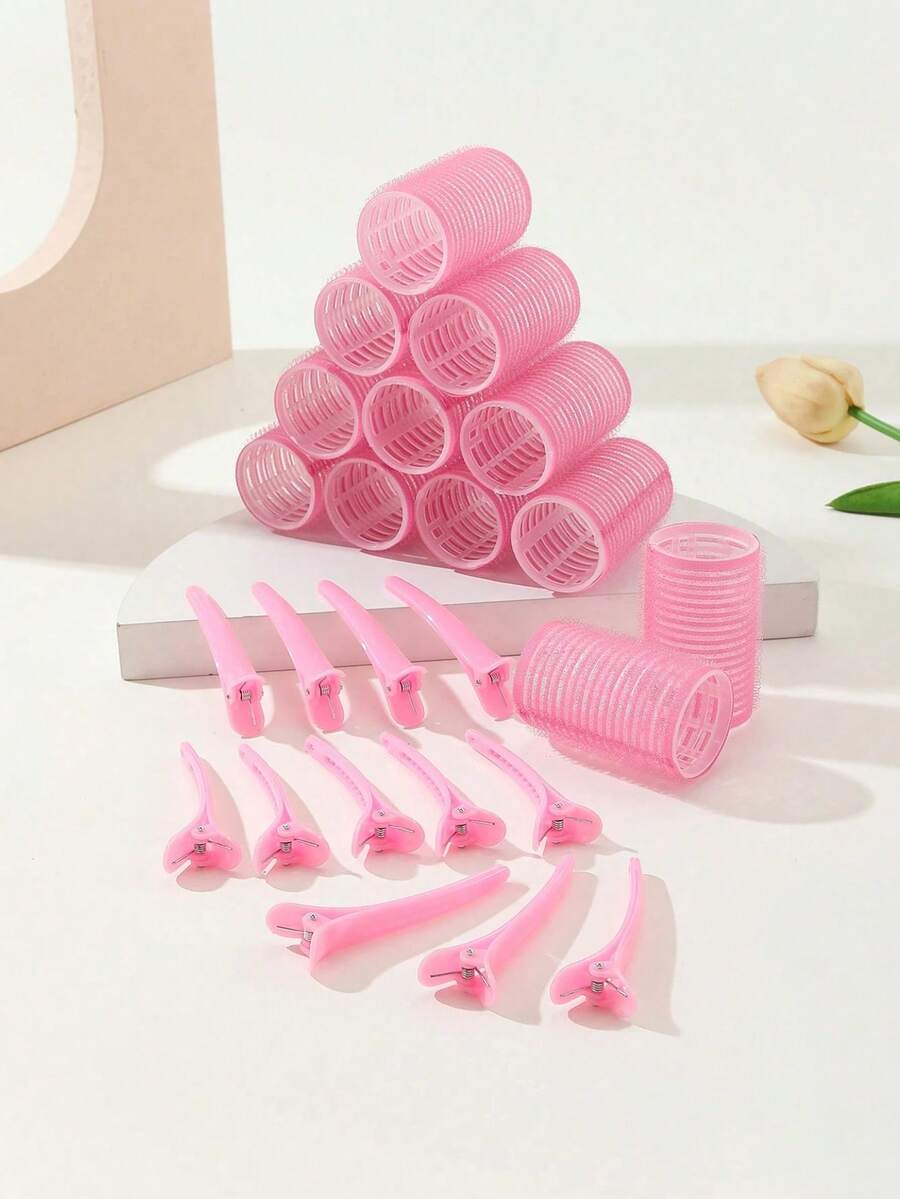 12件套自粘式卷发器套装，含12个鳄鱼夹，适用于长发、中长发、短发、浓密发质、稀疏发质，打造蓬松发型，沙龙级美发工具，DIY发型（粉色），无需加热，美发造型产品及配件，适用于理发店、美容院、返校季、旅行和度假。