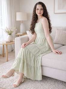 Beautiful Long Elegant Teen Girl Dress For Parties, Modern Casual Summer Stylish, Adjustable Youthful - Sọc xanh - Xem 3