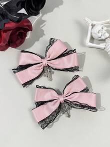 2 piezas Accesorios para el cabello con cinta de encaje estilo gótico, adecuados para disfraces de fiesta y uso diario para entusiastas del estilo gótico, con pinzas de garra - Rosa - Ver 2