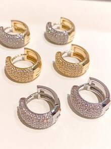 1 Pair Minimalist Luxury Gold & Silver Micro-Inlaid Zirconia Hoop Earrings, Lightweight Elegant Commuter Earrings For Women - Fashion Earrings - View 7