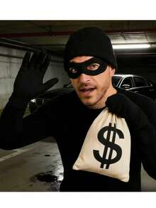 4pcs/Set Thief Costume, Including 1 Dollar Money Bag, 1 Pair Black Gloves, 1 Mask, 1 Black Hat - Suitable For Theme Parties, Cosplay, Treasure Hunters, Halloween Parties, Role-Playing, Team Building Activities, Funny Dress-Up - Black - View 7