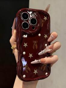 蝴蝶结奶油色漩涡波浪边酒红色简约防震加厚手机保护壳，印花设计，适用于 17/17 Pro/17 Pro Max、16 XR/7/8、15 Pro Max、12 Pro Max、13 Pro Max、14 Pro Max、13、14、11、12、P11、P12、XS、XR、7/8、P、7/8 GES2 - 彩色 - 查看 1