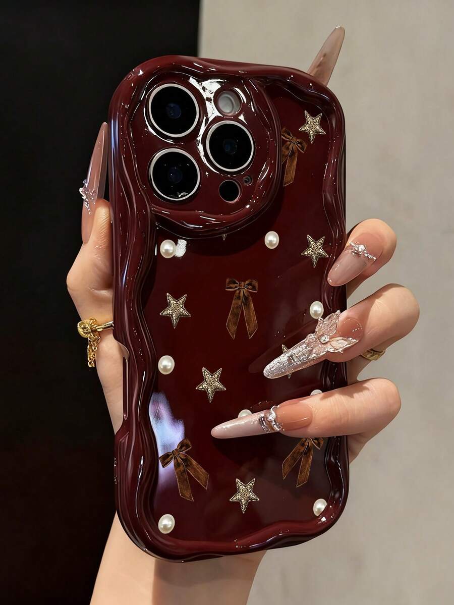 蝴蝶结奶油色漩涡波浪边酒红色简约防震加厚手机保护壳，印花设计，适用于 17/17 Pro/17 Pro Max、16 XR/7/8、15 Pro Max、12 Pro Max、13 Pro Max、14 Pro Max、13、14、11、12、P11、P12、XS、XR、7/8、P、7/8 GES2 - 彩色 - 查看 1