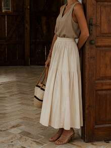 纯色休闲优雅褶裥松紧腰半身裙 春季 - 杏色 - 查看 4