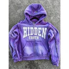Men's & Women's High Street Retro Hooded Zipper Sweatshirt, Loose Casual Cardigan Jacket Top - 紫色 - 查看 4