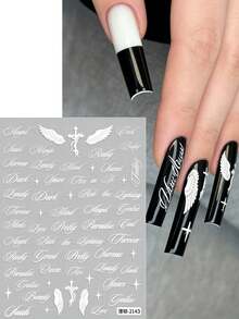 2pcs White English Letter Character Punk Rock Style Italic Calligraphy Wing Nail Stickers, Minimalist DIY Nail Art Decor For Women & Girls - White - View 6