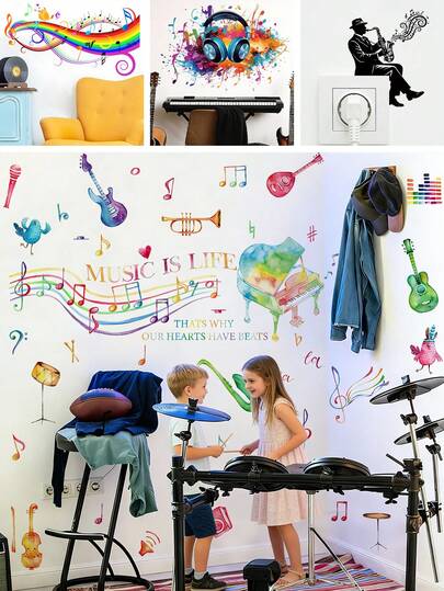 BRUP 1/2 Sheets/Set "MUSIC IS LIFE THAT'S WHY OUR HEARTS HAVE " Colorful Music Notes Wall Sticker, Guitar Piano Saxophone Microphone,Colorful Music Wall Decal For Kids Bedroom Or Music Classroom , Removable Peel And Stick, Vibrant Musical Theme Art