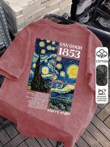 Van Gogh Starry Night Art Design Letter Print Retro Washed Women's T-Shirt, Casual Loose Fit, Summer And Autumn Top - Pink - View 5