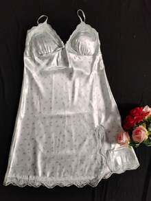 性感睡衣，缎面长袖吊带睡裙，带胸垫，丝滑家居服，可作外穿，含睡袍 - 淺藍色 - 查看 4