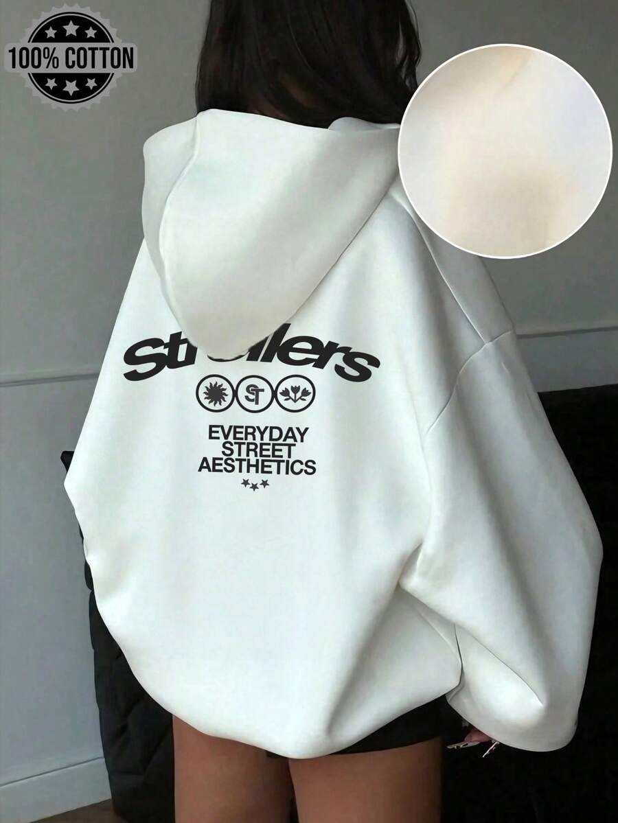 2026 New Fashion Printed Sweatshirt, Dropped Shoulder Long Sleeve Casual Versatile Drawstring Sweatshirt - White - View 1