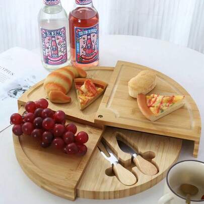 Bamboo Cheese Board And Knife Set, Round Charcuterie Serving Tray, Expandable Wooden Platter For Cheese, Fruit, And Snacks, Ideal For Home And Party Use