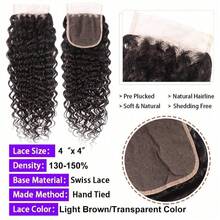 ZHENDEFA 4x4高清透明蕾丝发片，水波纹发片，真人发自由分缝蕾丝发片，未经加工的巴西原生真人发接发，150%密度，自然黑 - SNatural - 查看 8