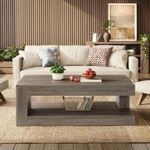 LITTLE TREE Coffee Table For Living Room, 47.24-Inch Farmhouse 2-Tier Center Table With Storage, Rectangular Cocktail Table (Elegant Grey) - Grey - View 8
