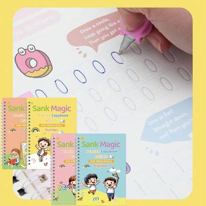 4本儿童控笔及智力训练练习册，蒙特梭利教育工具，儿童英语练习本，带凹槽魔法练习本，可重复使用的控笔训练练习册，学前儿童书写练习册