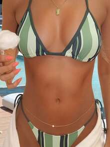 Two-Piece New Striped Print Tie-Up Bikini Swimsuit Set Women - JY1001-GR - Xem 2