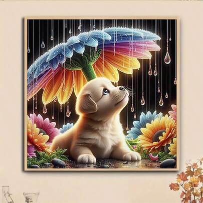1pc DIY Rainy Flower Umbrella & Puppy 5D Diamond Painting Kit, [30*30cm/11.8*11.8in] [40*40cm/15.7*15.7in], Suitable For Adult Beginners DIY Mosaic Diamond Art, Full Drill Handmade Hobby, Wall Decor For Living Room, Bedroom, Office, Surprise Gift For Family And Friends, Frameless