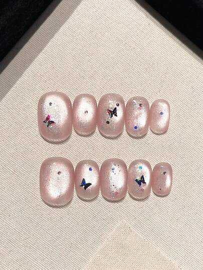 10PCS High Quality Handmade Short Sequined Cat Eyes Paired With Butterfly Tie Stickers For Exquisite And Elegant Press On Nail Art. Suitable For Women, Girls, Dance Parties, And College Style Acrylic Square Nails With A Simple And High-End Feel. Fake Nails Come With Jelly Glue And Rubbing Strips