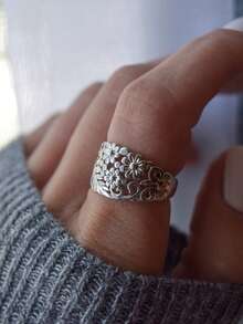 1pc Bohemian Style Vintage Silver Flower Pattern Ring, Suitable For Wedding, Engagement, Promise, Daily Wear - Silver - View 5