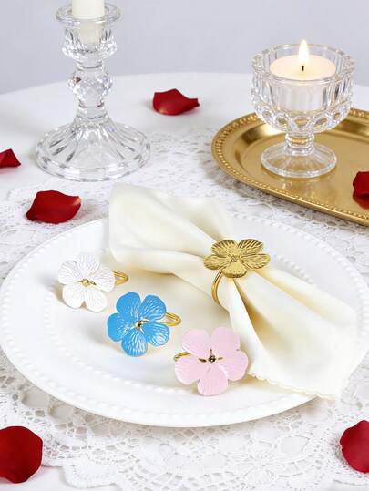 6pcs Floral Napkin Rings, Suitable For Wedding Party, Valentine's Day Banquet Table Decor, Delicate Five-Petal Flower Napkin Holder