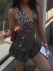 Women Sparkly Sequin Mini Halter Dress Sleeveless Backless Glitter Rhinestone Beaded Short Mini Dress Party Clubwear Beach Vacation Outfit - Grey - View 1