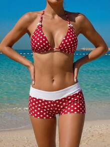 Conjunto de traje de baño sexy de lunares rojos para mujer - Rojo - Ver 1
