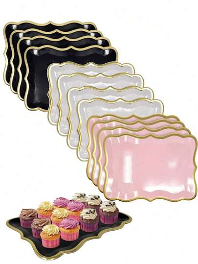 10pcs Elegant Gold-Rimmed Rectangular Paper Plates, Gold Edge Decor, Suitable For Cake Plates, Cookie Plates, Thick Cardboard Trays