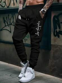 Los Angeles LA Men's Casual Sweatpants With Pocket, Flannel, Regular Fit, And Drawstring - 黑色 - 查看 2