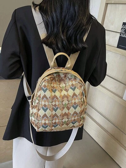 2026 Spring New Fashion Women's Plaid Embroidered Backpack, Bohemian Style Suitable For Various Occasions, Women's Contrast Color Casual Fashionable Backpack, Can Be Used As Handheld, Shoulder Bag Or Backpack, Suitable For Shopping, Travel And Commuting