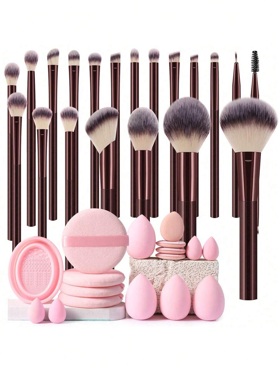 37件套化妆工具套装，包含：20支化妆刷套装+1个化妆刷清洁工具+4个圆形粉扑+4个化妆海绵+4个迷你气垫粉扑+4个迷你化妆海绵，一应俱全，新手友好 | 方便携带，送礼佳品 | 新手/女性的完美之选 - 彩色 - 查看 1