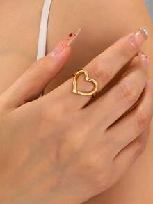 1pc Fashionable Delicate Textured Minimalist Gold-Plated Hollow Heart Ring For Women - Yellow Gold - View 2