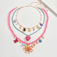 3pcs Bohemian Handmade Beaded Necklace Set With Crab, Heart, Starfish, Avocado Pendants, Cute Beach Vacation Necklace With Lobster, Shell, Chili Pepper Beads For Women, Handmade With Slight Bead Color Imperfections - Multicolor - View 2