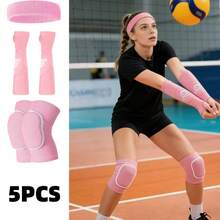 Set de 5 piezas para entrenamiento de voleibol, que incluye 1 par de mangas antideslizantes para los brazos, 1 par de rodilleras, 1 diadema, de material de esponja gruesa, unisex, de secado rápido y elástico, adecuado para entrenamiento de voleibol y entusiastas del deporte - Rosa - Ver 8