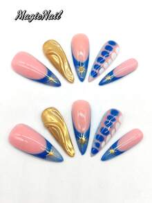 10 Pieces Of Pure Handmade Pressed Wearing Nail, 33mm Length Thin High Heel Nail, Pink Nail, Blue Nail, Gold Nail, Blue And White Spots, Golden Sunlight Pattern, Cute Pointed Nail. - Multicolor - View 2