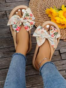 Summer Beach Vacation Thick-Soled Anti-Slip Plastic Slippers, Simple And Casual Women's Sandals, DIY Bow & Random Printed Flip Flops - Khaki - View 4