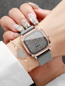 4pcs/Set Women's Silicone Square Watch With Numeric Dial, Classic Quartz Wristwatch + Heart-Shaped Bracelet (Watch Box Not Included) - Multicolor - View 3