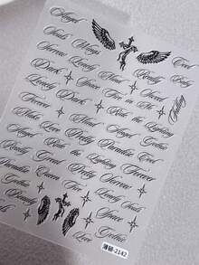 2 piezas Pegatinas de uñas con alas de ángel, cruz y estrella en estilo gótico y caligrafía inglesa oblicua, decoraciones de arte de uñas con estilo Y2K - Negro - Ver 7