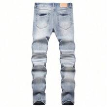 New Men Purple Jeans High Street Style Splash Paint Embroidery Ripped Patch Slim Fit Skinny Jeans Y2K Brand - 藍色 - 查看 3